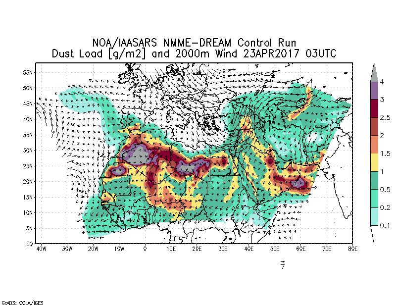 Dust load [g/m2] and 2000m Wind - 2017-04-23 03:00