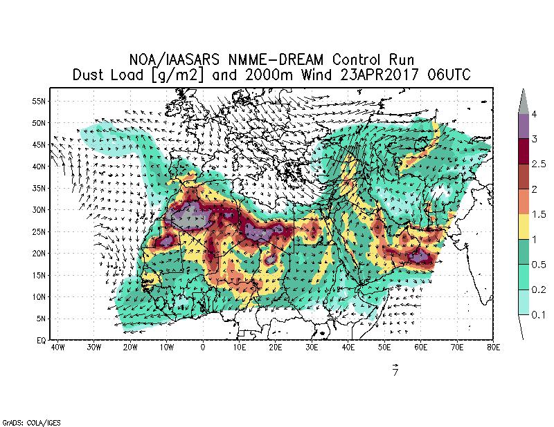 Dust load [g/m2] and 2000m Wind - 2017-04-23 06:00