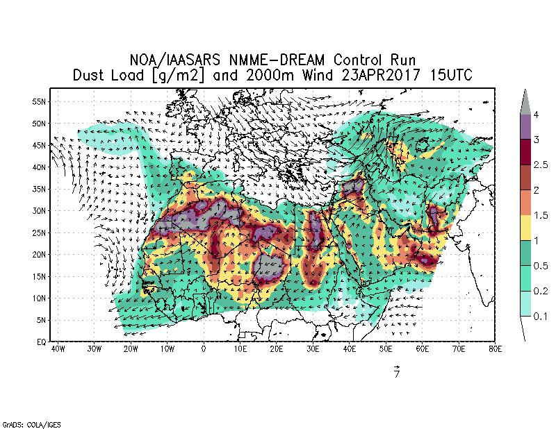Dust load [g/m2] and 2000m Wind - 2017-04-23 15:00