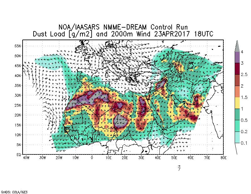 Dust load [g/m2] and 2000m Wind - 2017-04-23 18:00