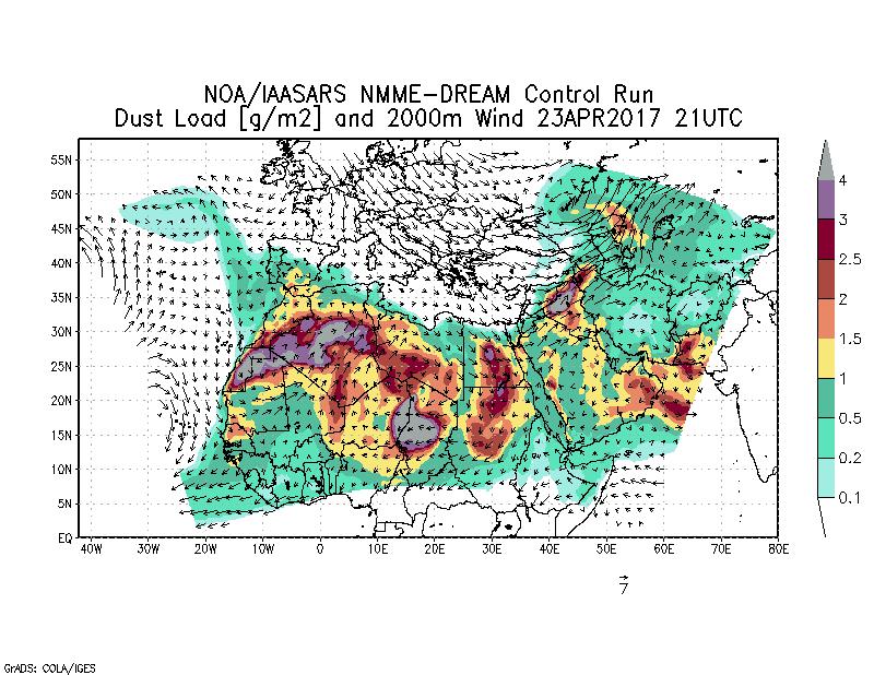 Dust load [g/m2] and 2000m Wind - 2017-04-23 21:00