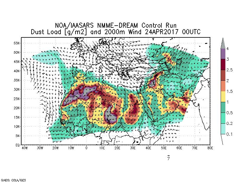Dust load [g/m2] and 2000m Wind - 2017-04-24 00:00