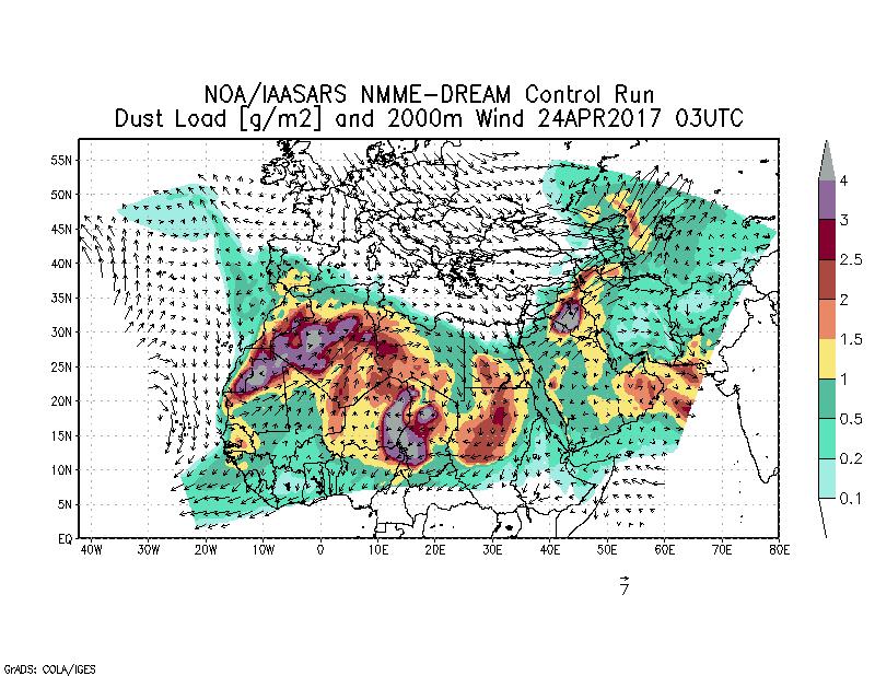 Dust load [g/m2] and 2000m Wind - 2017-04-24 03:00