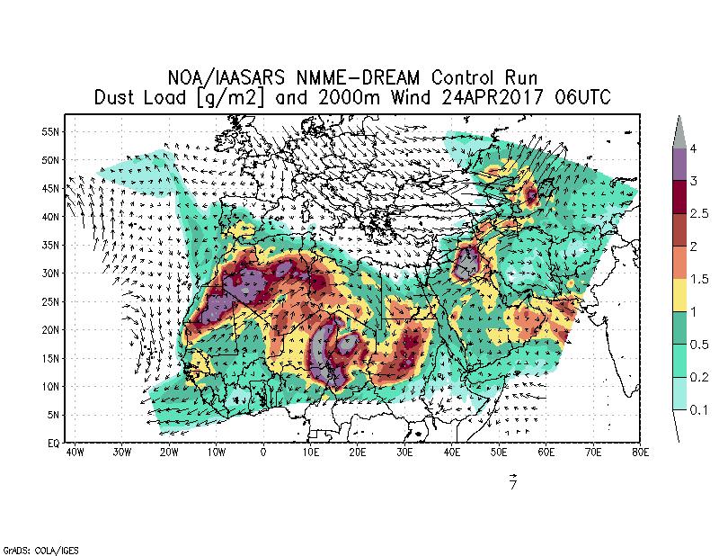 Dust load [g/m2] and 2000m Wind - 2017-04-24 06:00
