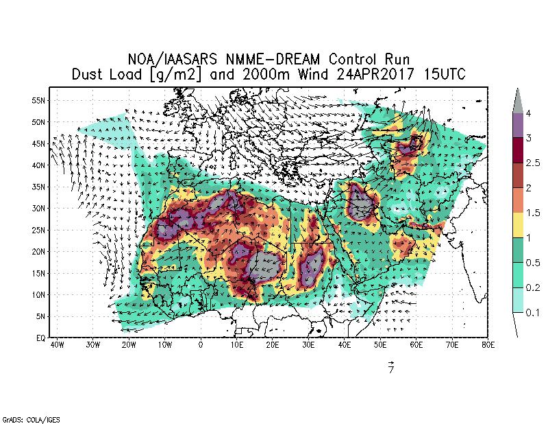 Dust load [g/m2] and 2000m Wind - 2017-04-24 15:00