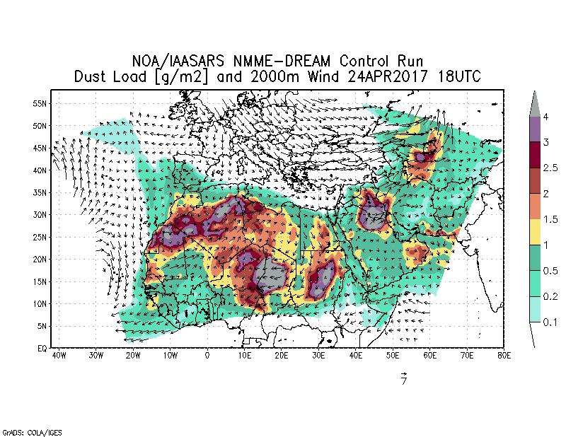 Dust load [g/m2] and 2000m Wind - 2017-04-24 18:00