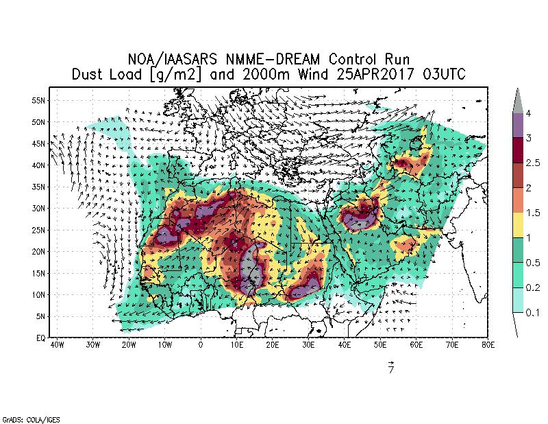 Dust load [g/m2] and 2000m Wind - 2017-04-25 03:00