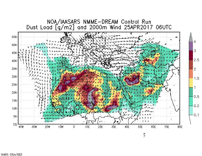 Dust load [g/m2] and 2000m Wind - 2017-04-25 06:00