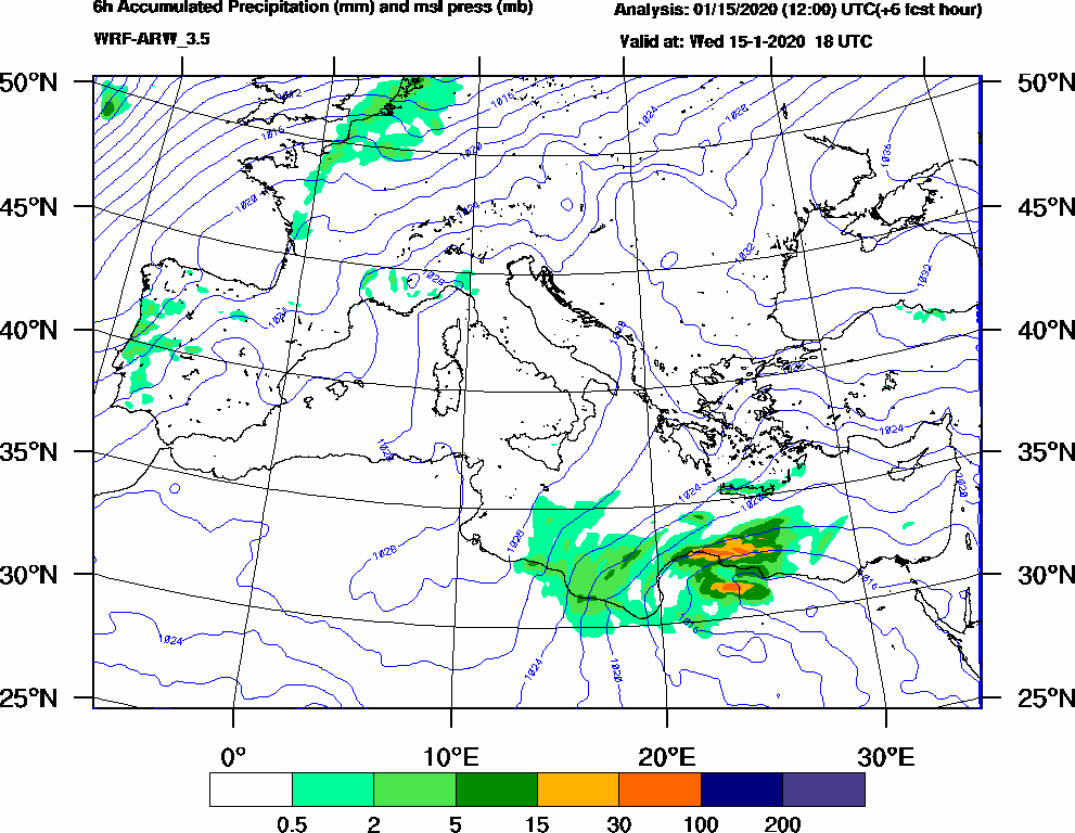6h Accumulated Precipitation (mm) and msl press (mb) - 2020-01-15 12:00