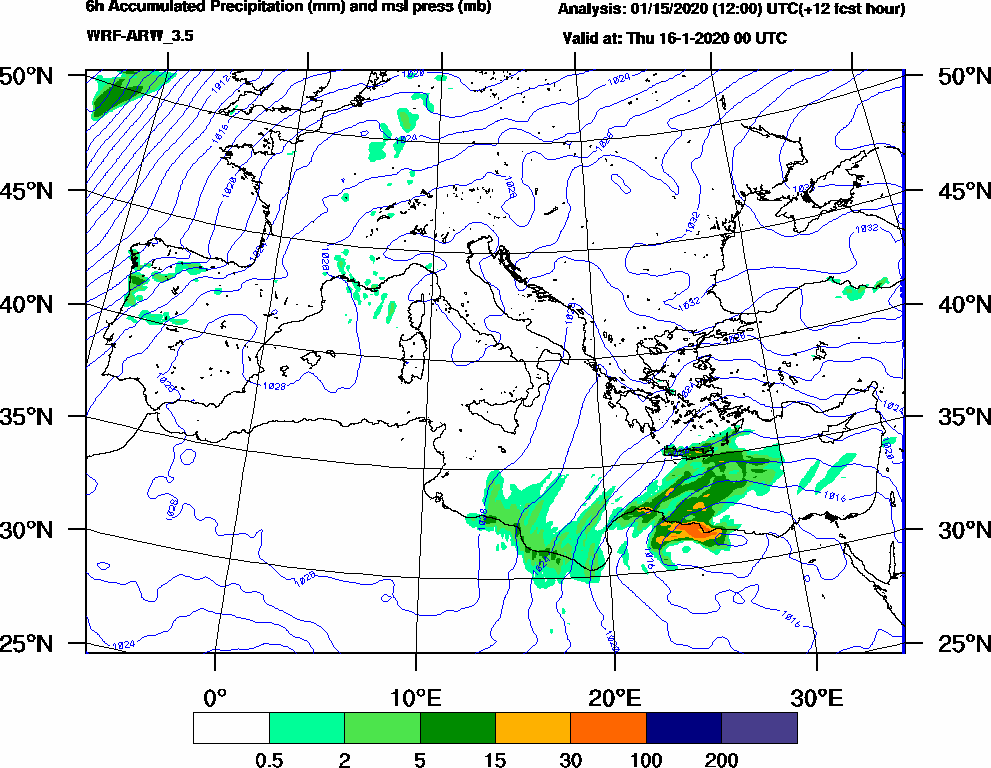 6h Accumulated Precipitation (mm) and msl press (mb) - 2020-01-15 18:00