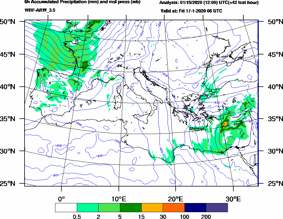 6h Accumulated Precipitation (mm) and msl press (mb) - 2020-01-17 00:00