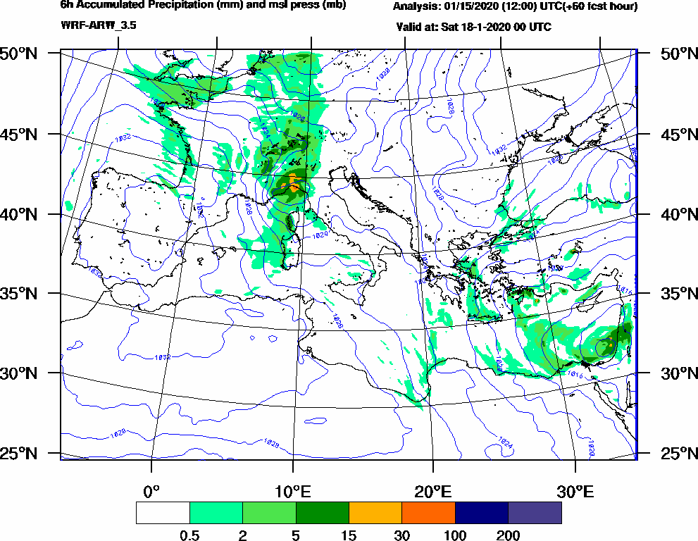 6h Accumulated Precipitation (mm) and msl press (mb) - 2020-01-17 18:00