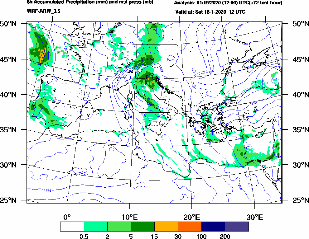 6h Accumulated Precipitation (mm) and msl press (mb) - 2020-01-18 06:00