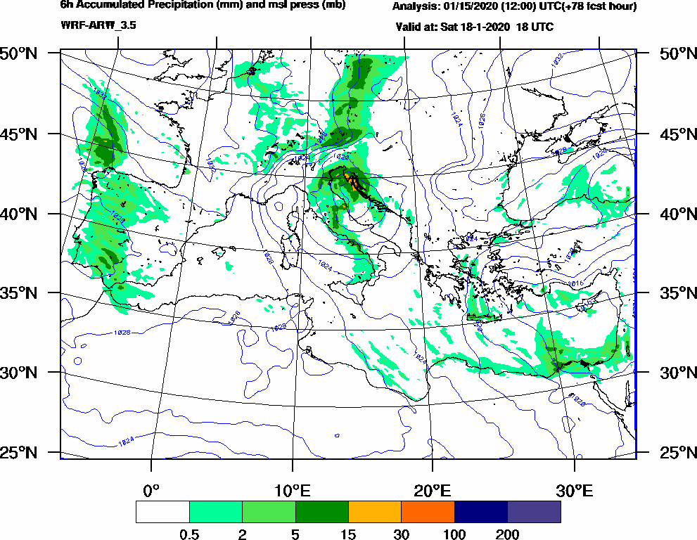 6h Accumulated Precipitation (mm) and msl press (mb) - 2020-01-18 12:00
