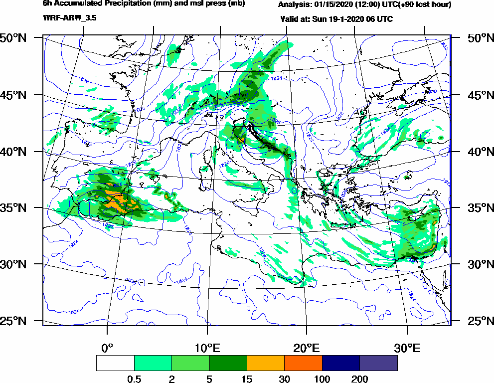 6h Accumulated Precipitation (mm) and msl press (mb) - 2020-01-19 00:00