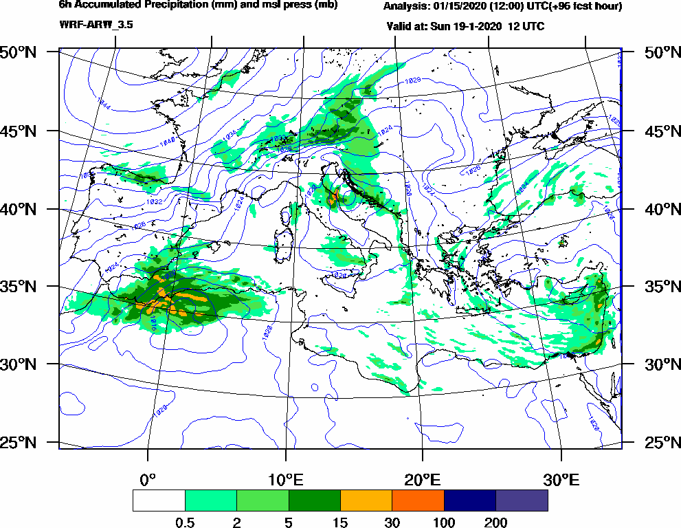 6h Accumulated Precipitation (mm) and msl press (mb) - 2020-01-19 06:00