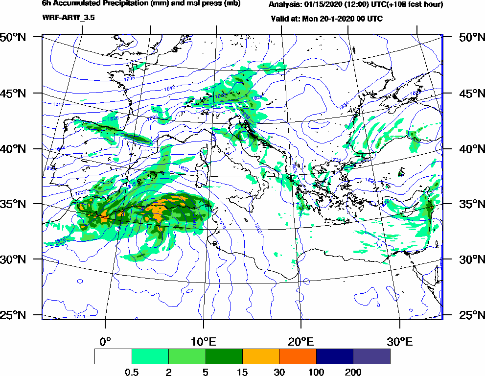 6h Accumulated Precipitation (mm) and msl press (mb) - 2020-01-19 18:00