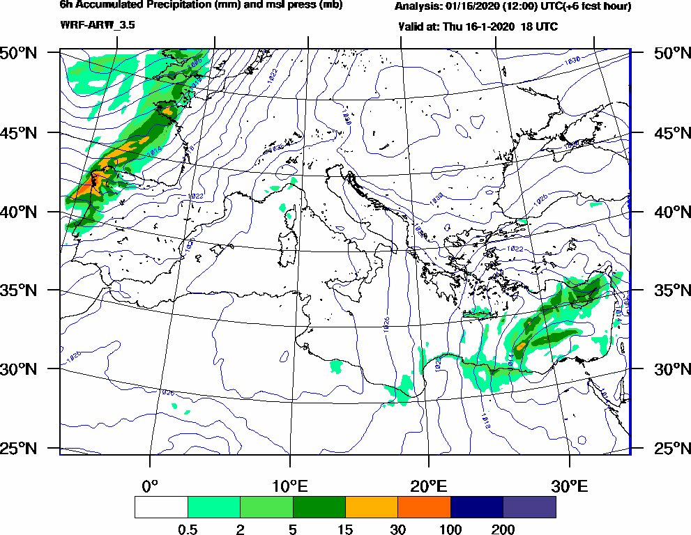 6h Accumulated Precipitation (mm) and msl press (mb) - 2020-01-16 12:00