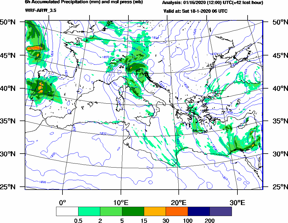 6h Accumulated Precipitation (mm) and msl press (mb) - 2020-01-18 00:00