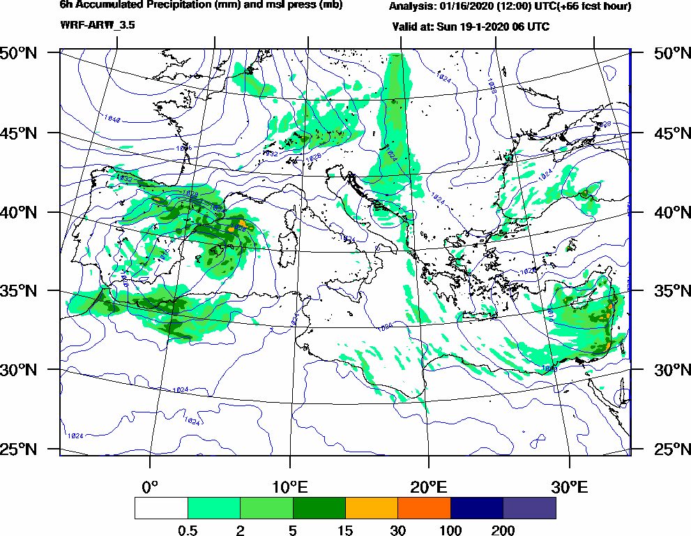 6h Accumulated Precipitation (mm) and msl press (mb) - 2020-01-19 00:00
