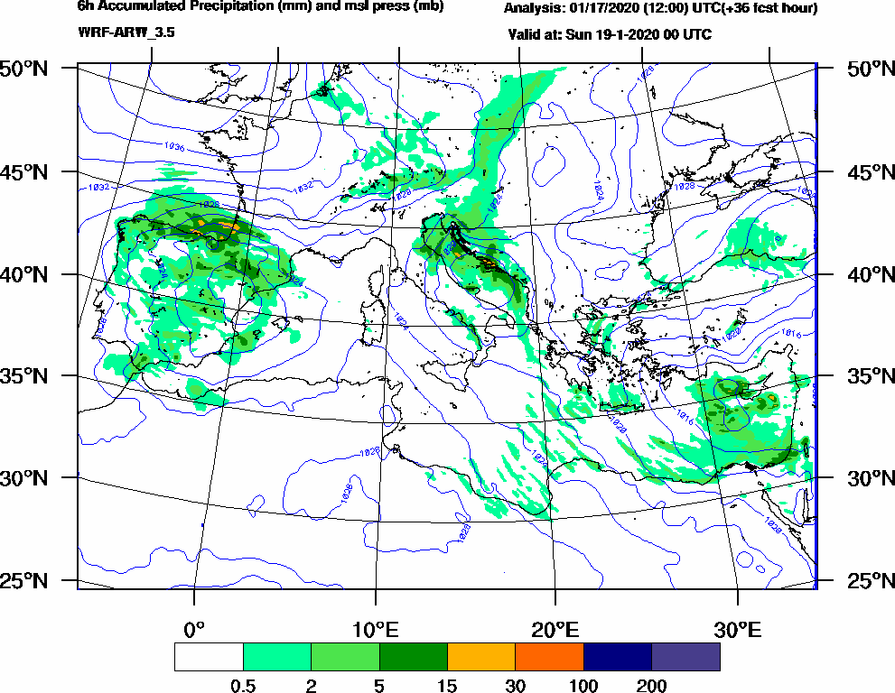 6h Accumulated Precipitation (mm) and msl press (mb) - 2020-01-18 18:00