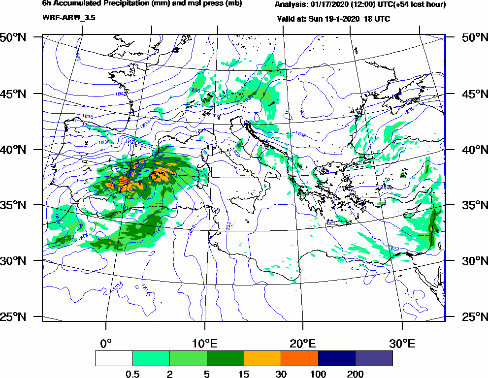 6h Accumulated Precipitation (mm) and msl press (mb) - 2020-01-19 12:00