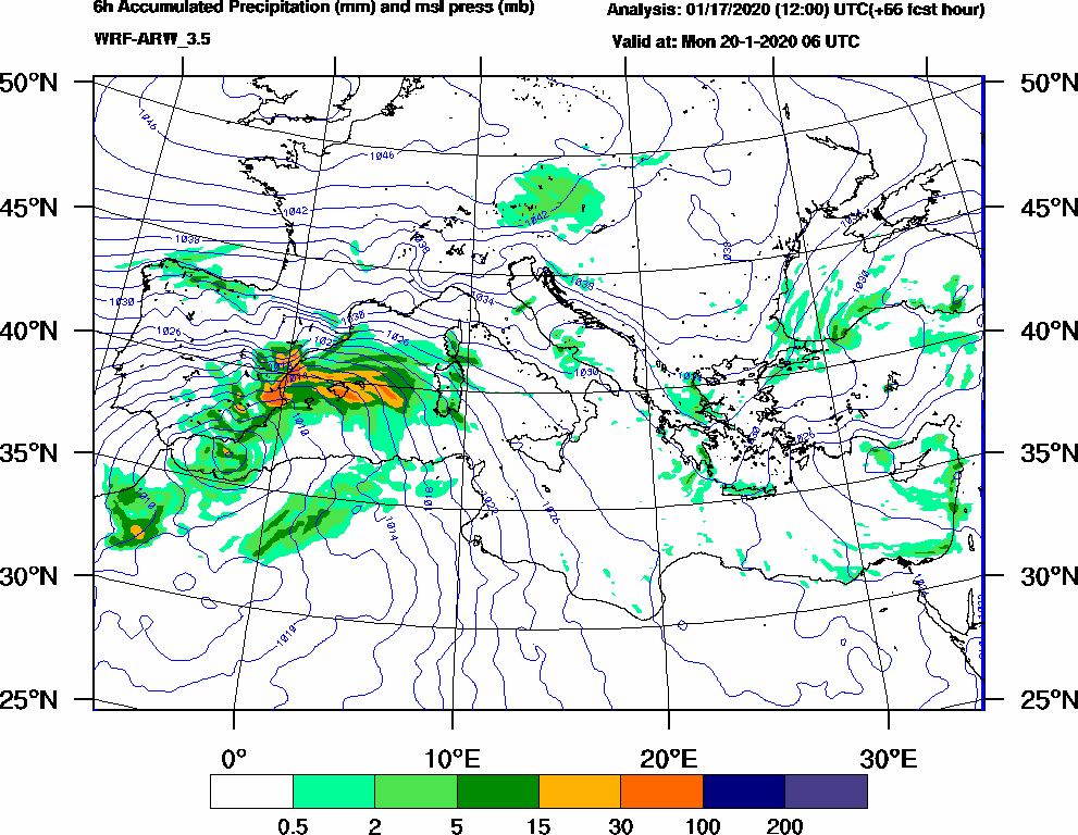 6h Accumulated Precipitation (mm) and msl press (mb) - 2020-01-20 00:00