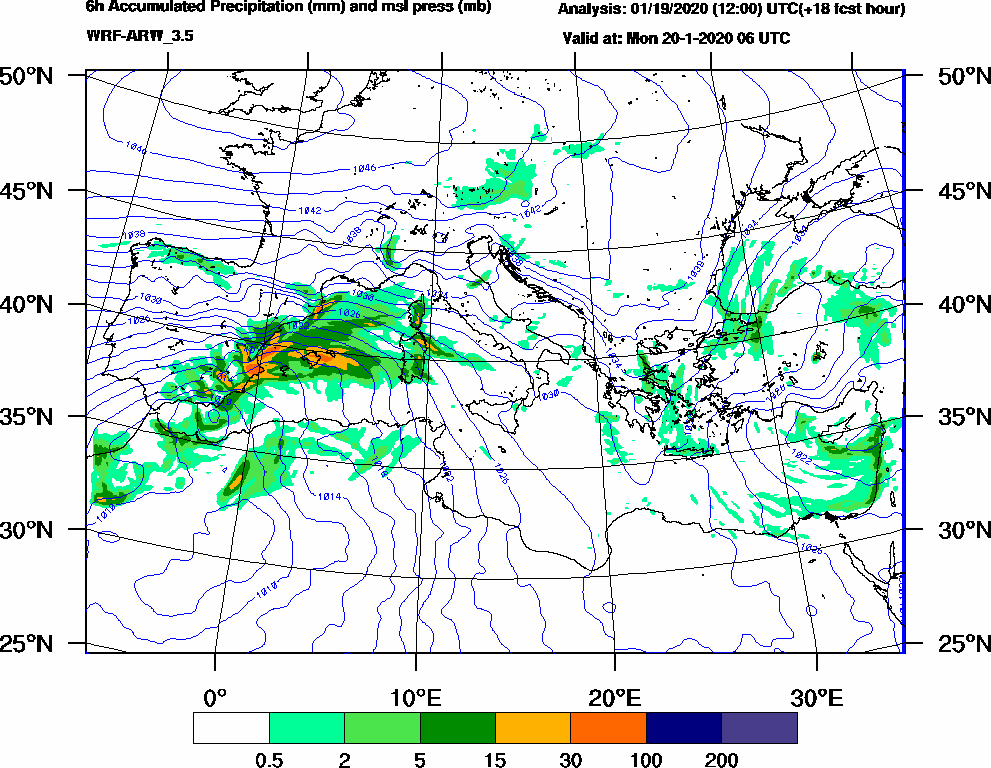 6h Accumulated Precipitation (mm) and msl press (mb) - 2020-01-20 00:00