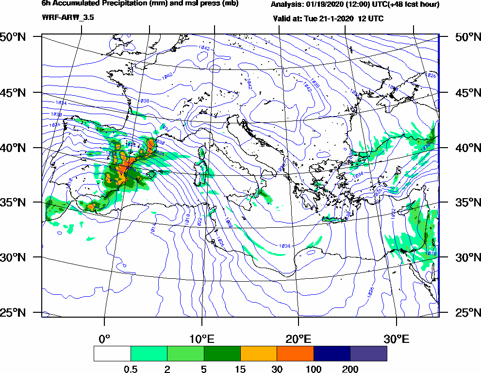 6h Accumulated Precipitation (mm) and msl press (mb) - 2020-01-21 06:00