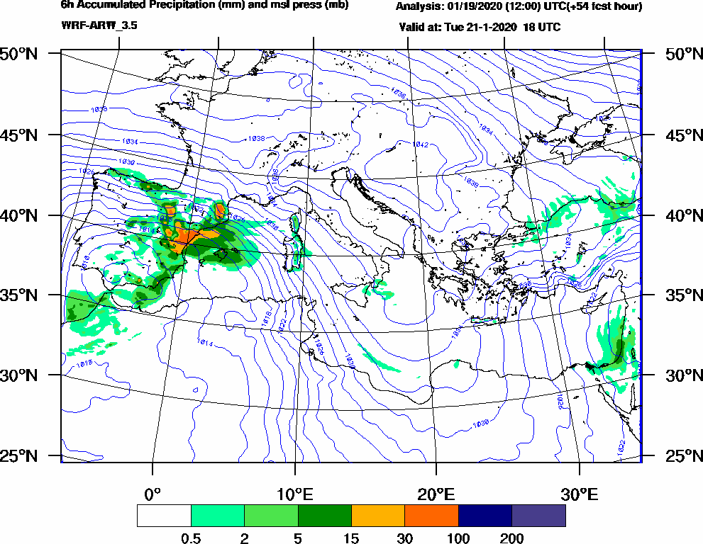 6h Accumulated Precipitation (mm) and msl press (mb) - 2020-01-21 12:00