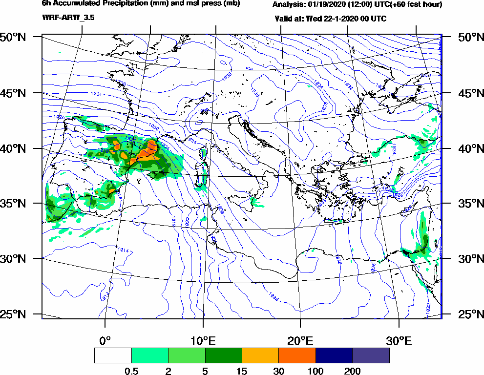 6h Accumulated Precipitation (mm) and msl press (mb) - 2020-01-21 18:00