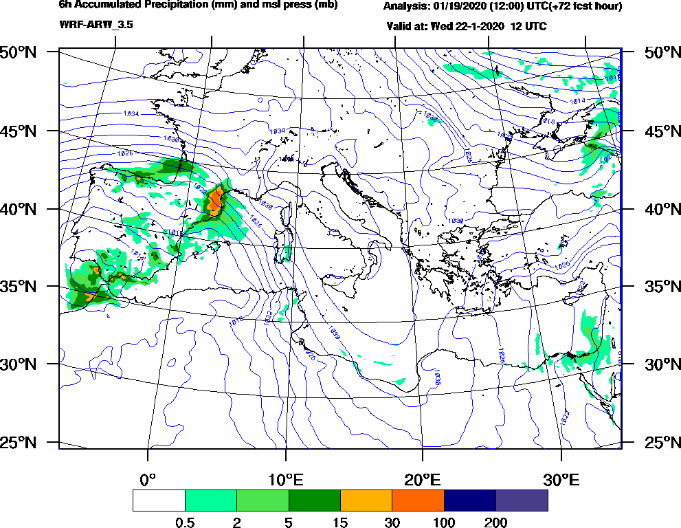 6h Accumulated Precipitation (mm) and msl press (mb) - 2020-01-22 06:00