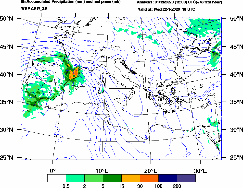 6h Accumulated Precipitation (mm) and msl press (mb) - 2020-01-22 12:00