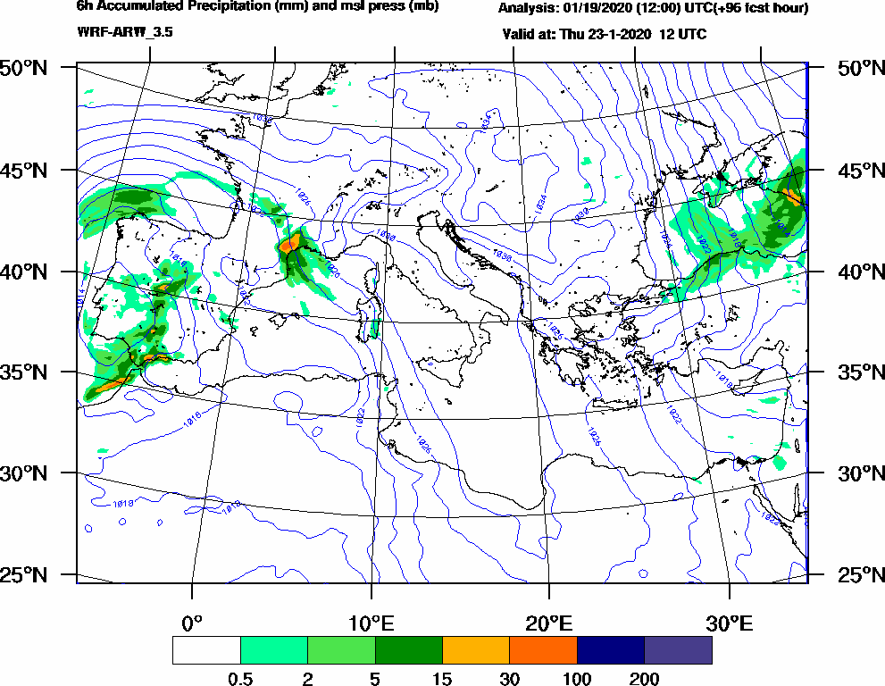 6h Accumulated Precipitation (mm) and msl press (mb) - 2020-01-23 06:00