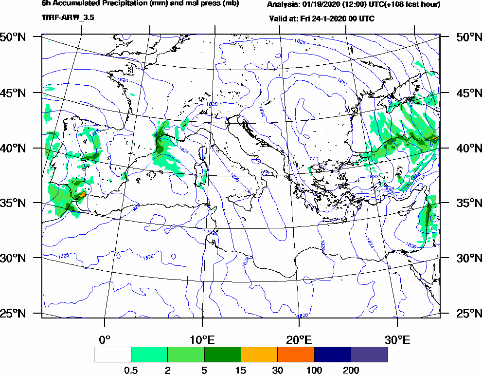6h Accumulated Precipitation (mm) and msl press (mb) - 2020-01-23 18:00