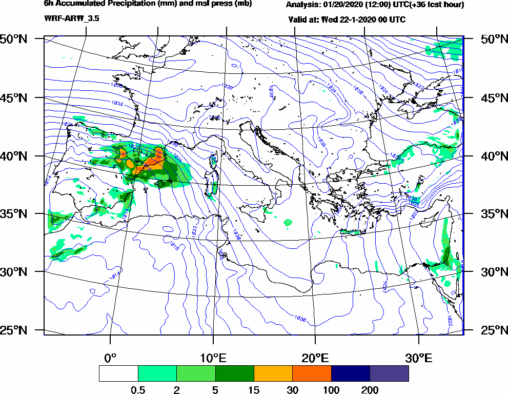 6h Accumulated Precipitation (mm) and msl press (mb) - 2020-01-21 18:00
