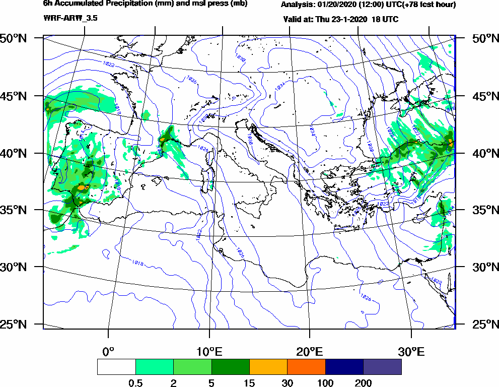 6h Accumulated Precipitation (mm) and msl press (mb) - 2020-01-23 12:00