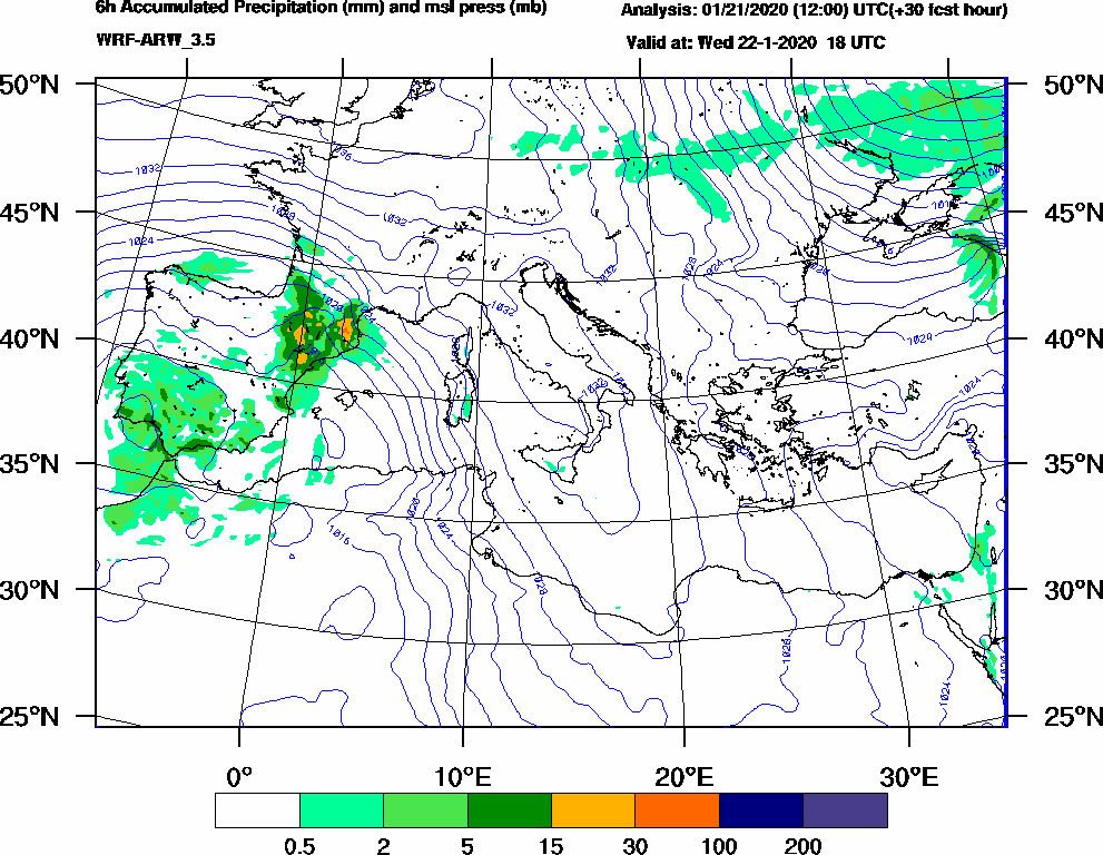 6h Accumulated Precipitation (mm) and msl press (mb) - 2020-01-22 12:00