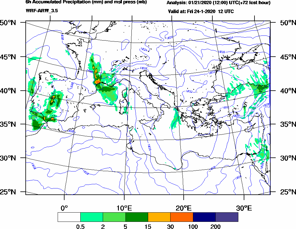 6h Accumulated Precipitation (mm) and msl press (mb) - 2020-01-24 06:00