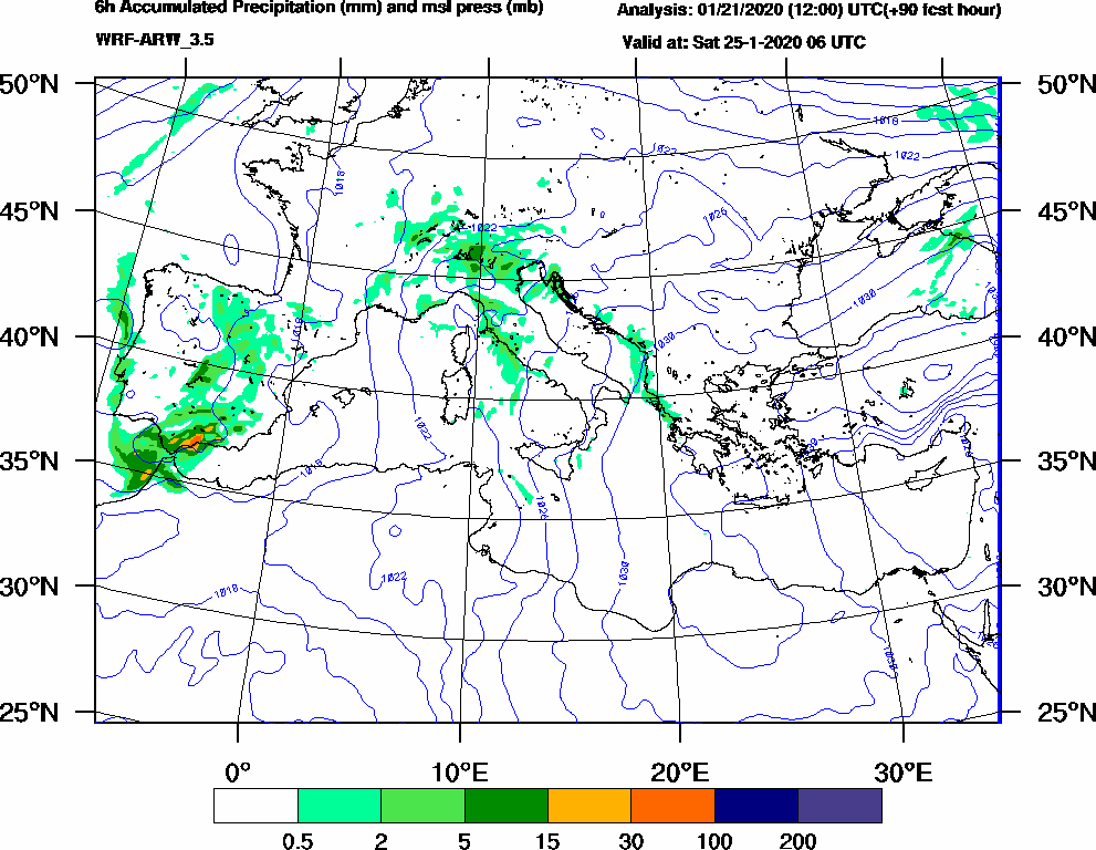 6h Accumulated Precipitation (mm) and msl press (mb) - 2020-01-25 00:00
