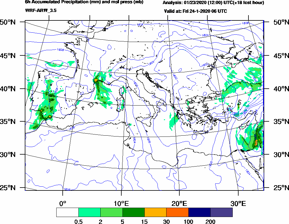 6h Accumulated Precipitation (mm) and msl press (mb) - 2020-01-24 00:00