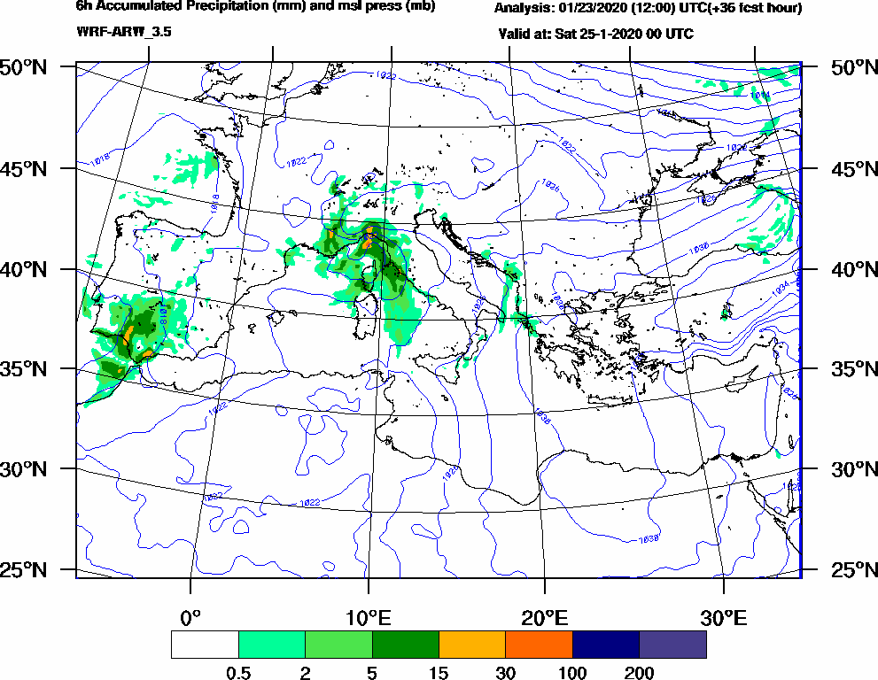 6h Accumulated Precipitation (mm) and msl press (mb) - 2020-01-24 18:00