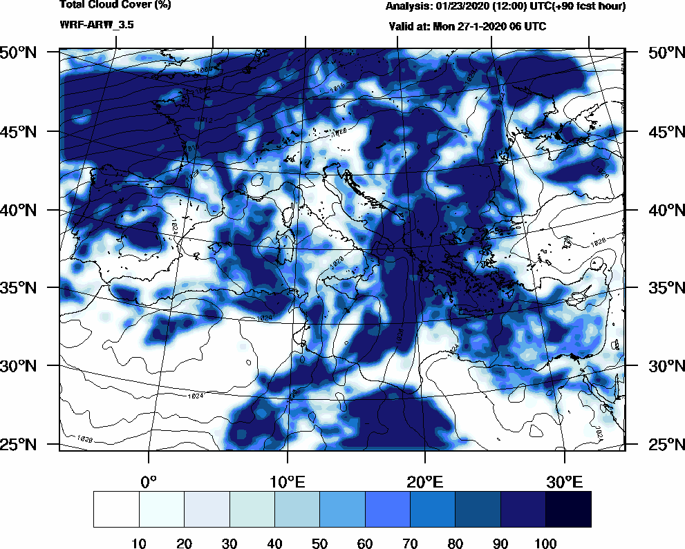 Total cloud cover (%) - 2020-01-27 00:00