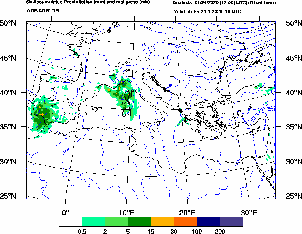 6h Accumulated Precipitation (mm) and msl press (mb) - 2020-01-24 12:00