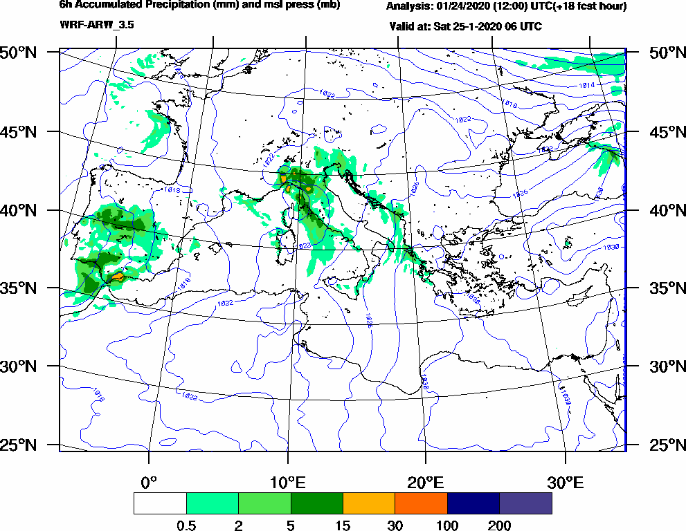6h Accumulated Precipitation (mm) and msl press (mb) - 2020-01-25 00:00