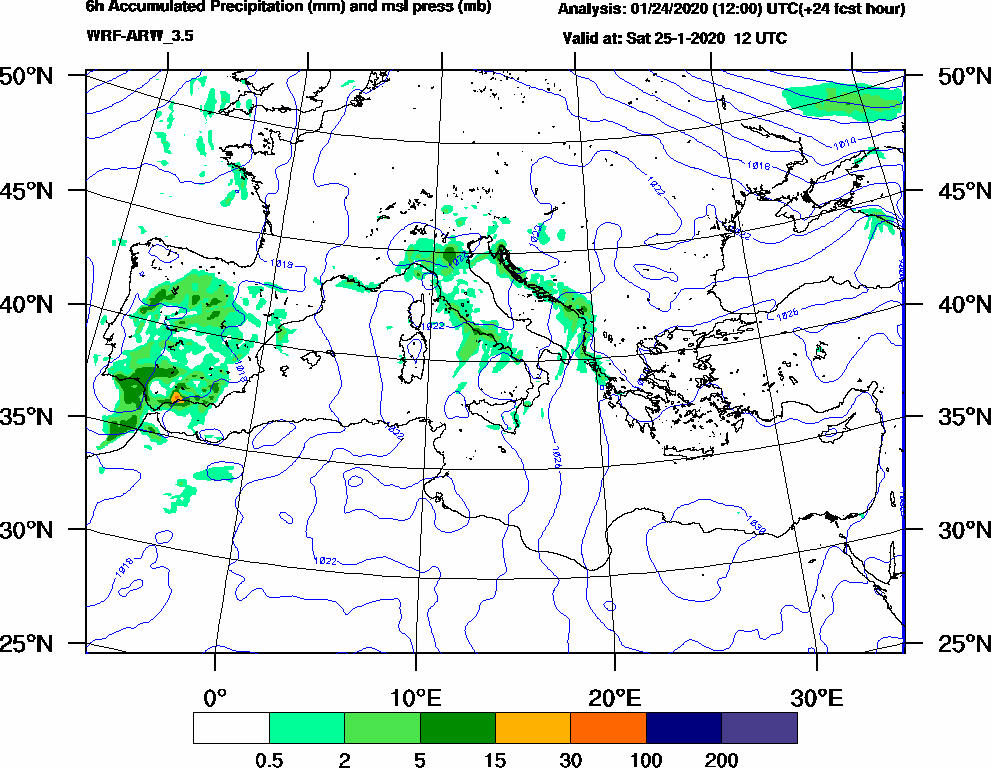 6h Accumulated Precipitation (mm) and msl press (mb) - 2020-01-25 06:00