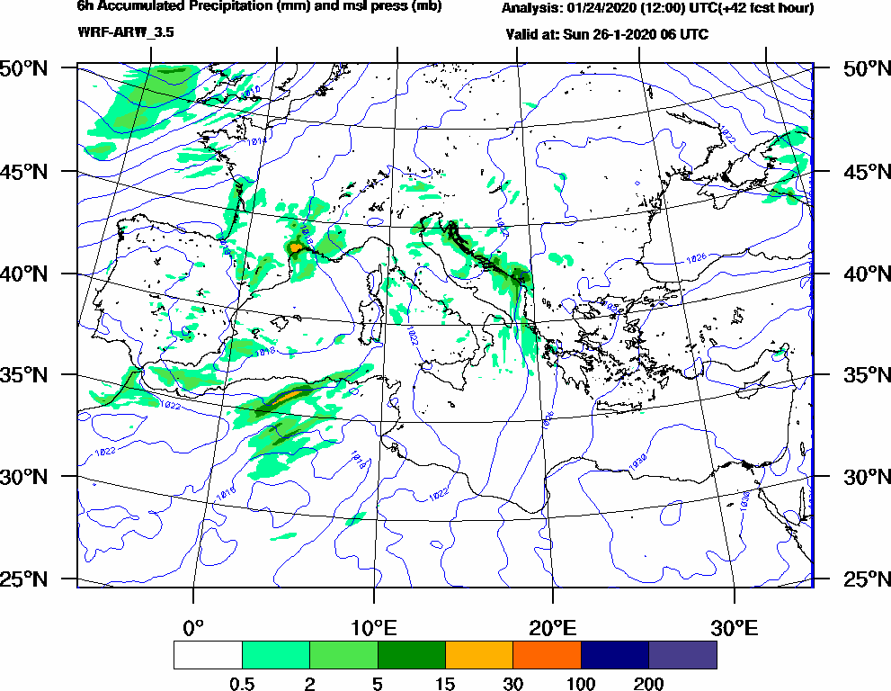 6h Accumulated Precipitation (mm) and msl press (mb) - 2020-01-26 00:00