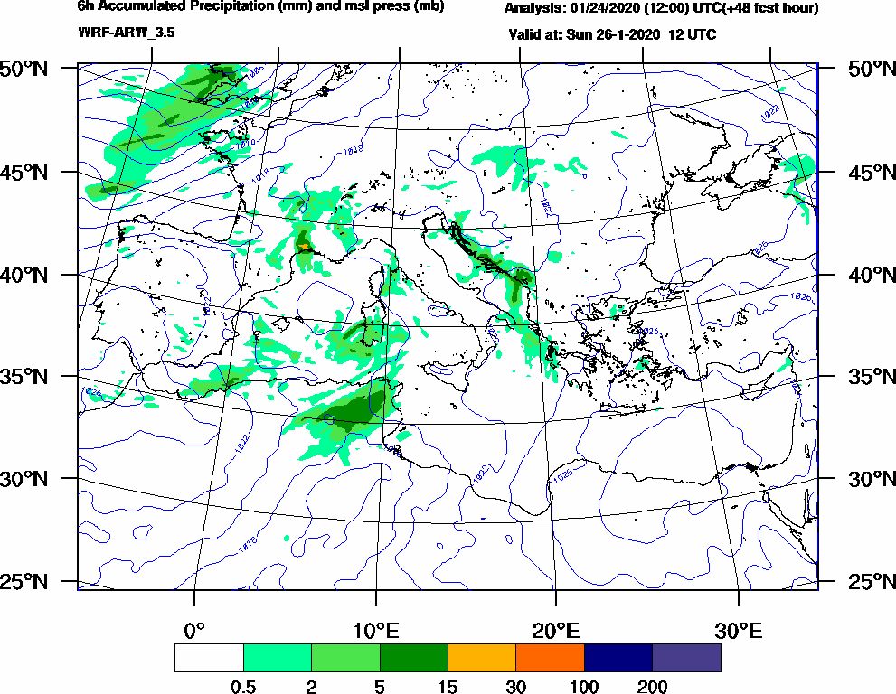 6h Accumulated Precipitation (mm) and msl press (mb) - 2020-01-26 06:00
