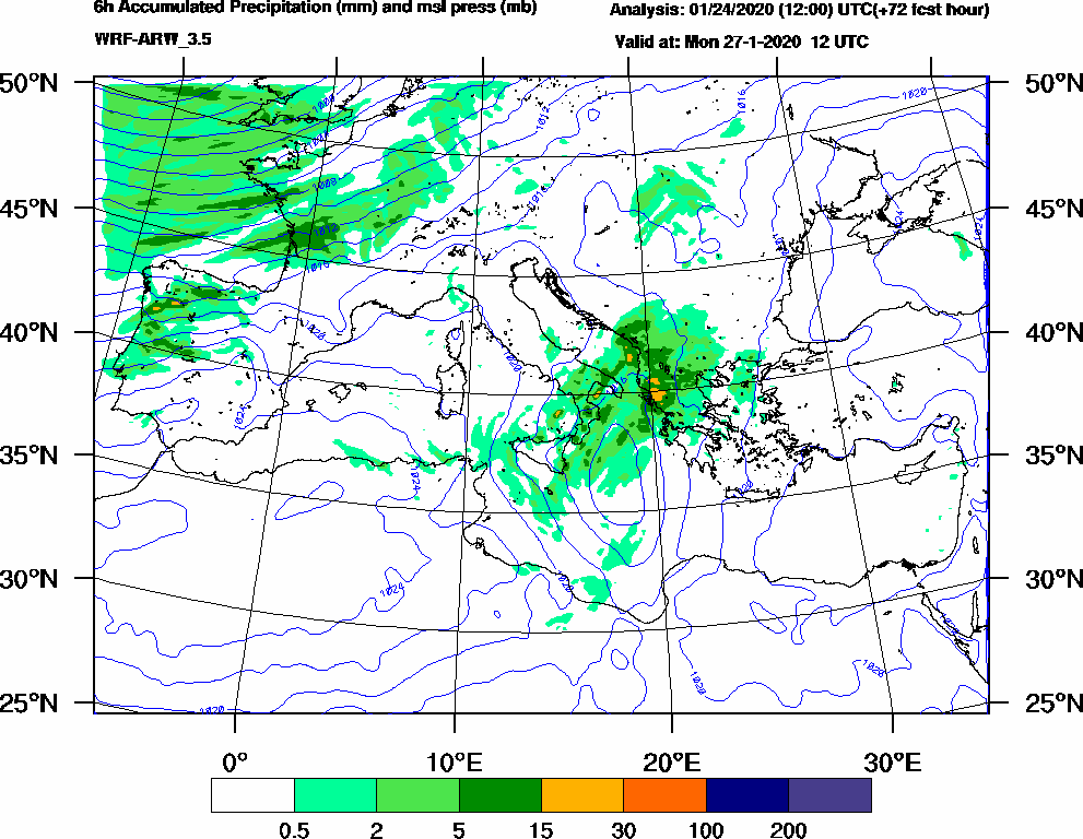 6h Accumulated Precipitation (mm) and msl press (mb) - 2020-01-27 06:00