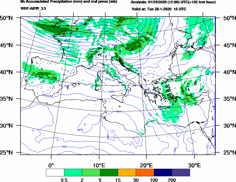 6h Accumulated Precipitation (mm) and msl press (mb) - 2020-01-28 12:00